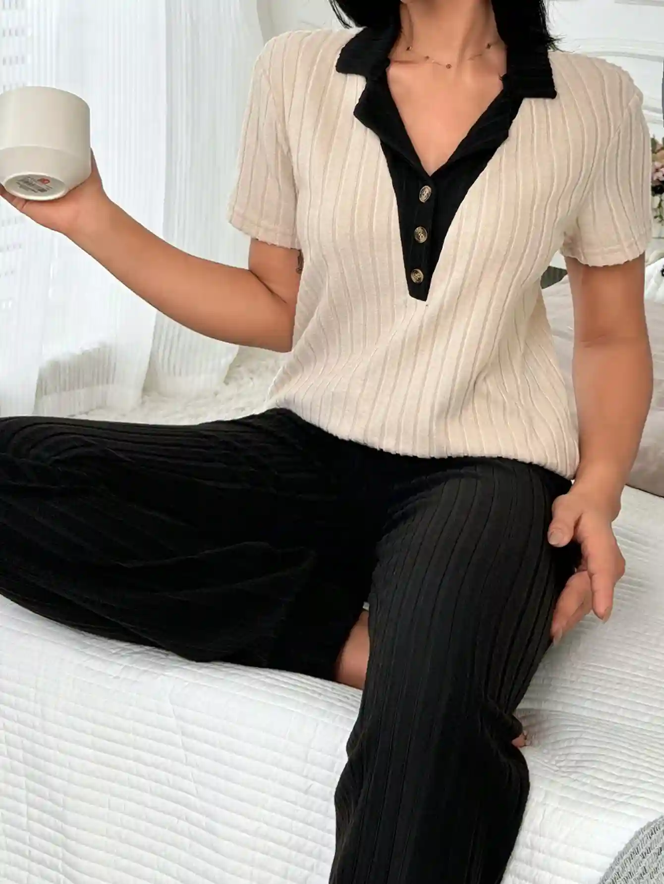 Ensemble de Vêtements de Détente en Polaire Brossée avec Pantalon et Haut à Boutons