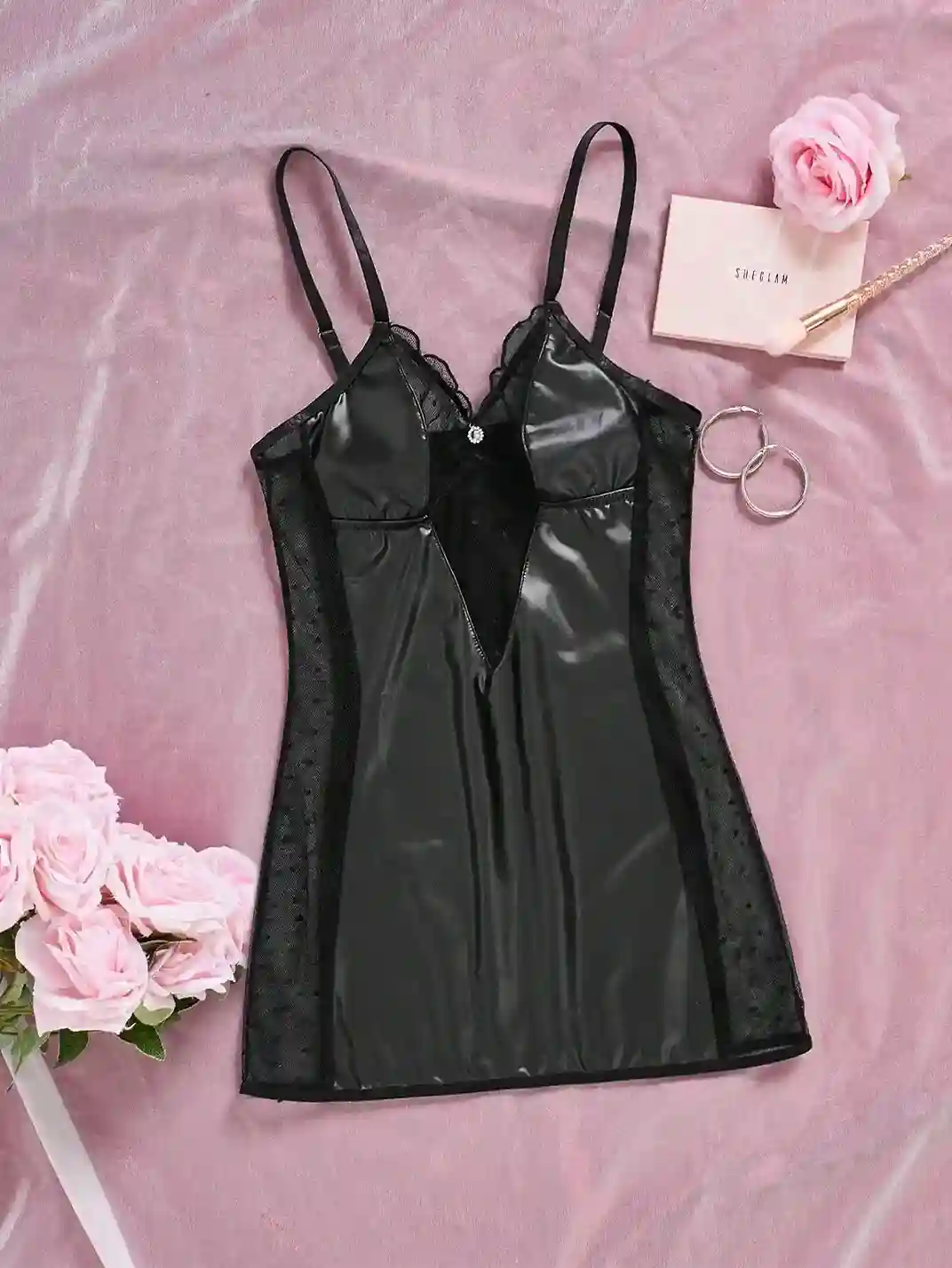 Nuisette Femme en Tulle à Pois et Patchwork PU avec Pendentif Diamant