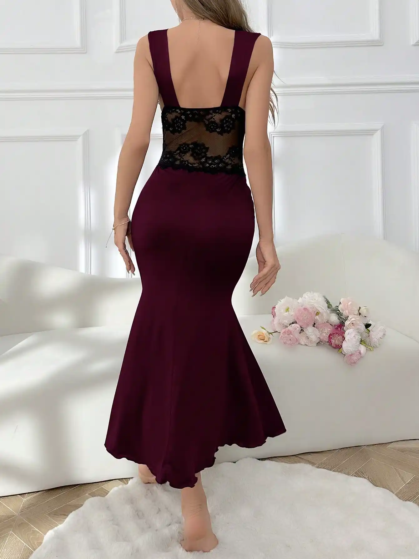 Nuisette Maxi Sirène avec Dentelle Contrastée et Bretelles Larges