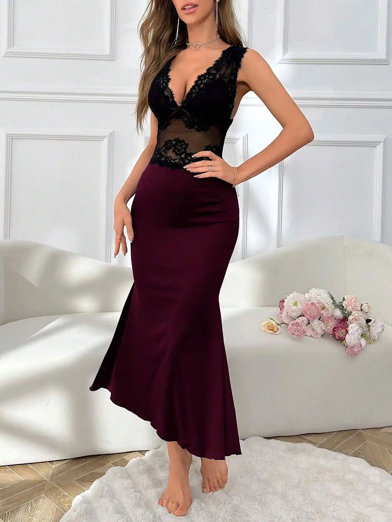 Nuisette Maxi Sirène avec Dentelle Contrastée et Bretelles Larges