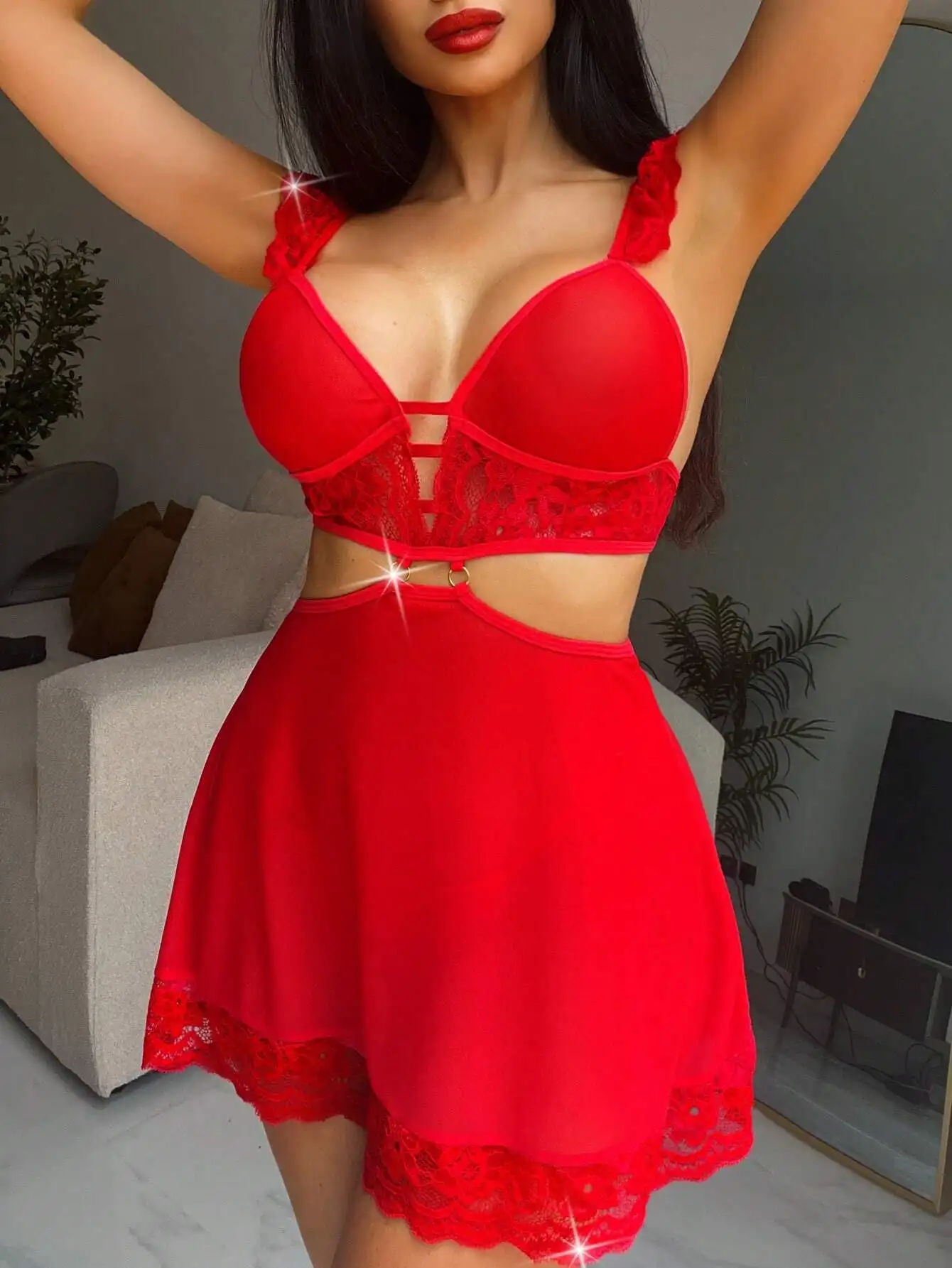 Robe de Lingerie en Maille Découpée avec Dentelle Contrastée et String