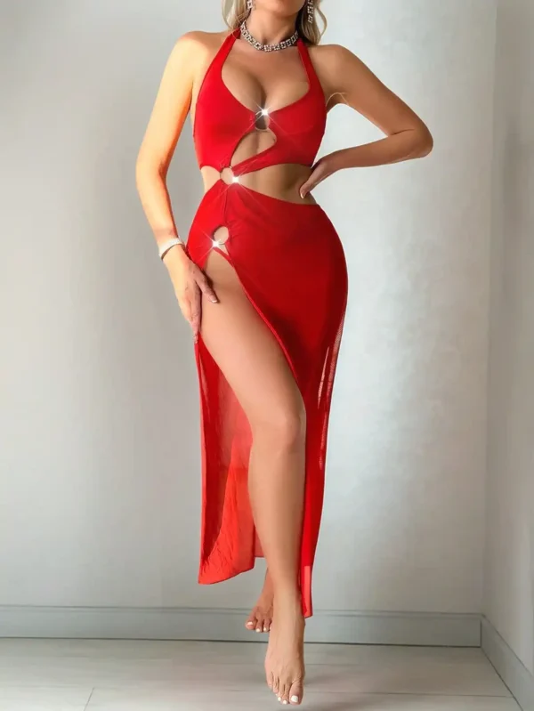 Ensemble 2 Pièces Lingerie Rouge Sans Fil avec Robe Longue et String