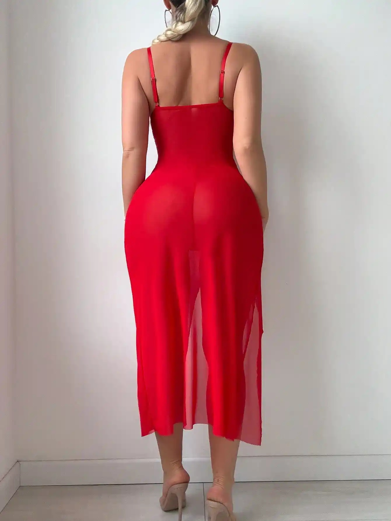 Ensemble 2 Pièces Robe Moulante Fendue en Dentelle Rouge et Tanga