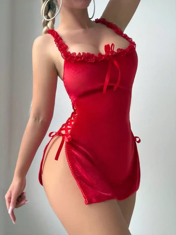 Ensemble 2 Pièces Lingerie et Nuisette Rouge avec Dentelle et Velours