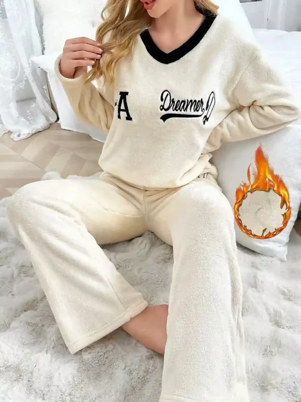 Ensemble Pyjama Décontracté Multicolore avec Col en V et Broderie