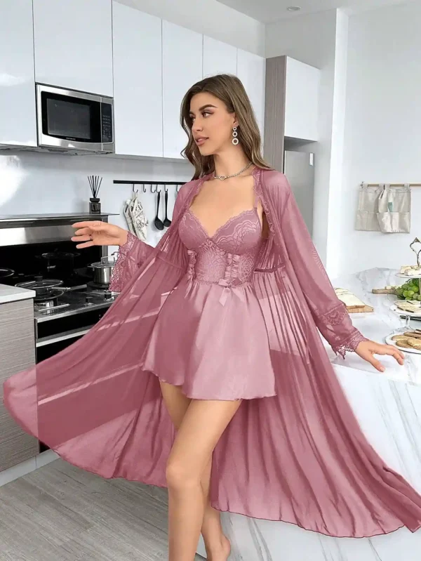 Ensemble Pyjama Dentelle Vieux Rose avec Peignoir et Robe