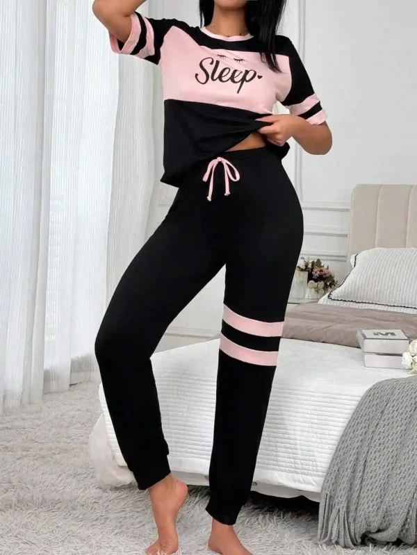 Ensemble Pyjama Femme avec Haut Imprimé Blocs de Couleur et Pantalon Long