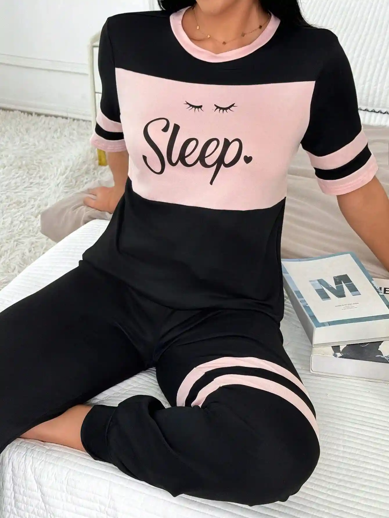 Ensemble Pyjama Femme avec Haut Imprimé Blocs de Couleur et Pantalon Long