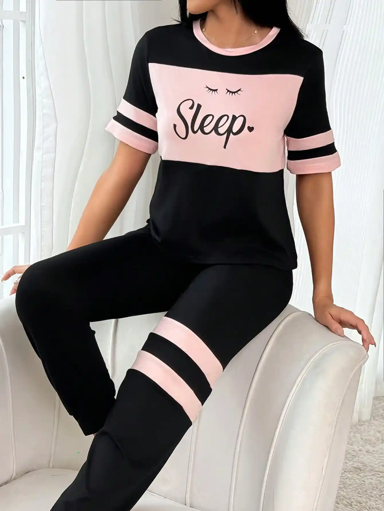 Ensemble Pyjama Femme avec Haut Imprimé Blocs de Couleur et Pantalon Long