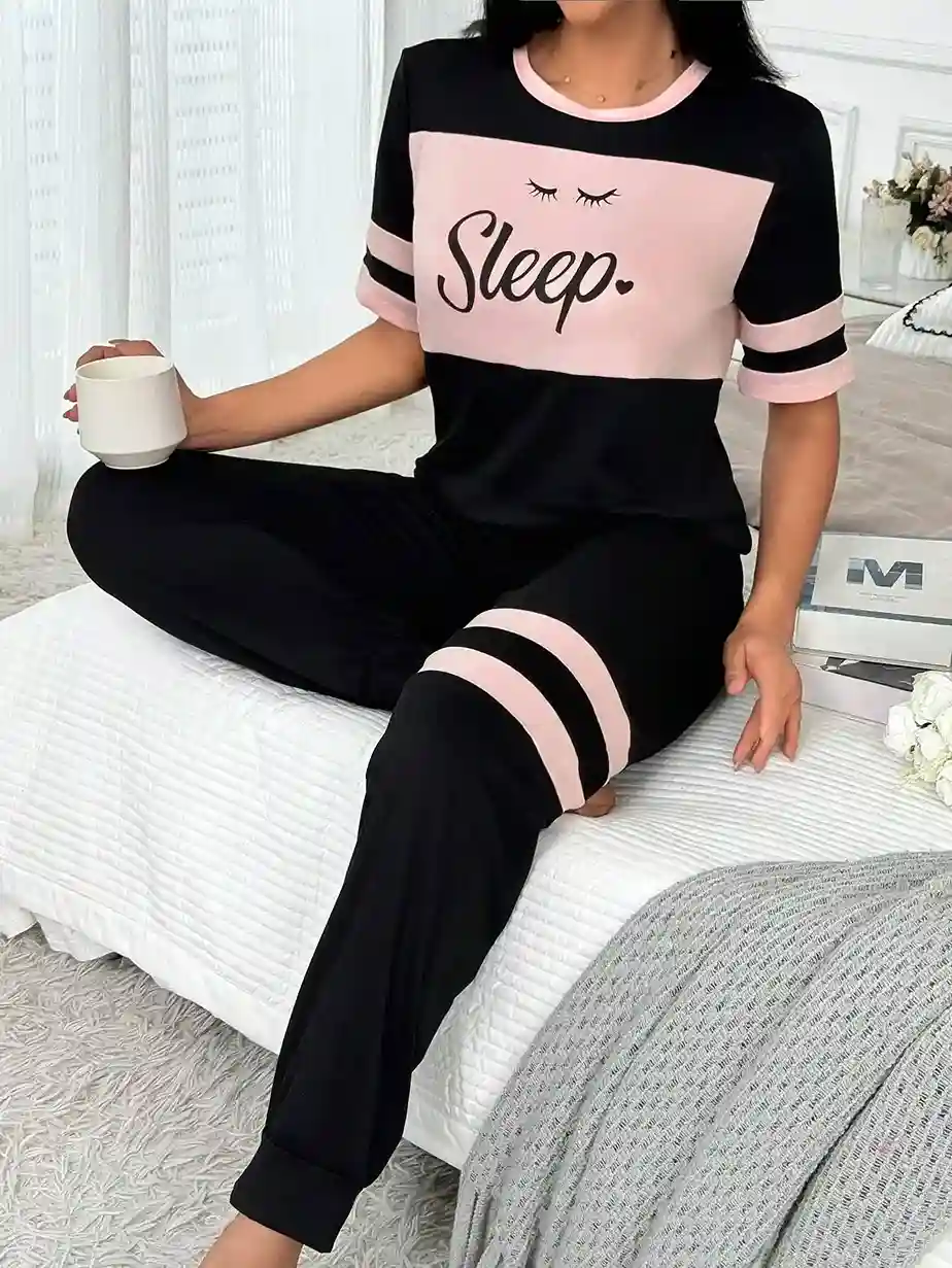 Ensemble Pyjama Femme avec Haut Imprimé Blocs de Couleur et Pantalon Long