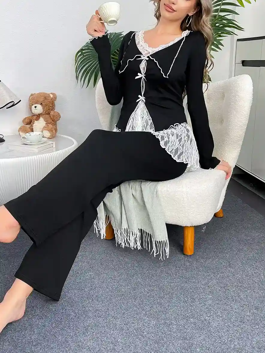 Ensemble Pyjama Romantique Français en Dentelle Blanche