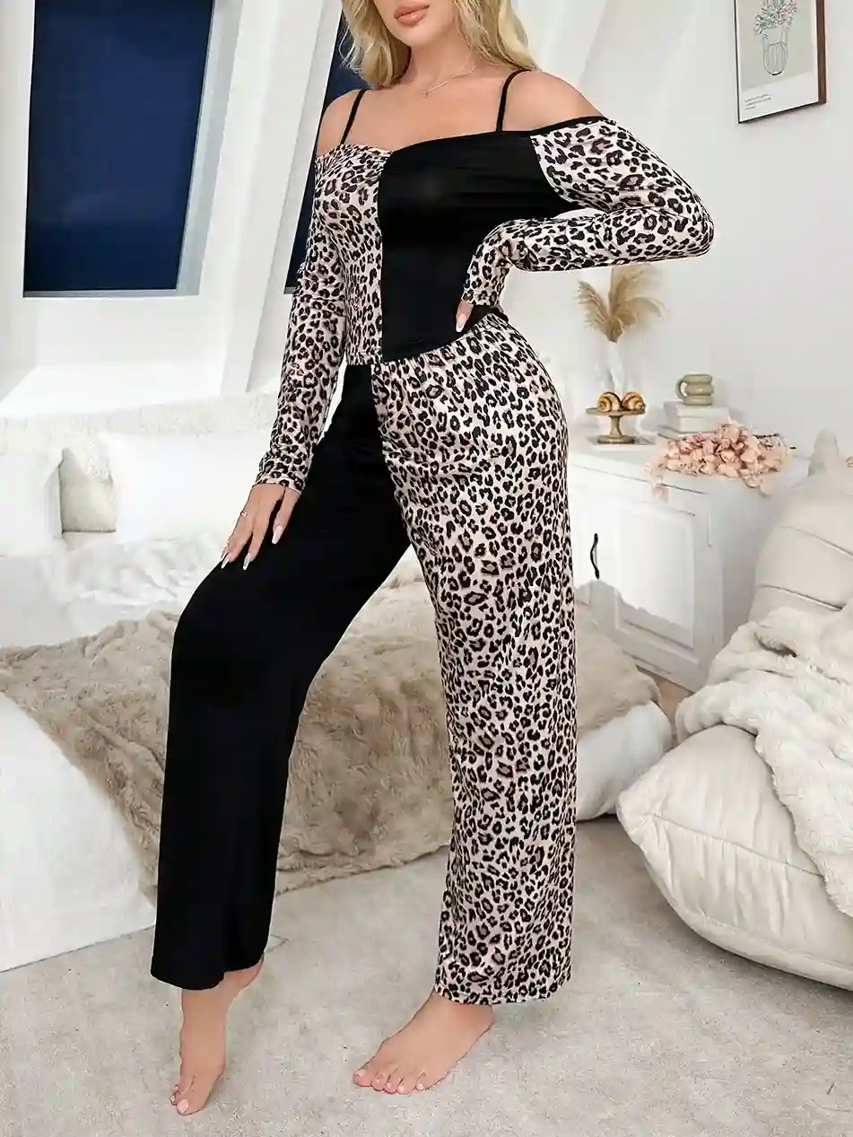 Ensemble Pyjama Femme Léopard Patchwork – Vêtements de Nuit d’Été