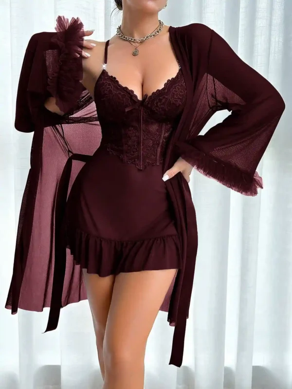 Ensemble Nuisette en Dentelle et Peignoir en Maille Bordeaux