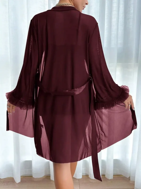 Ensemble Nuisette en Dentelle et Peignoir en Maille Bordeaux