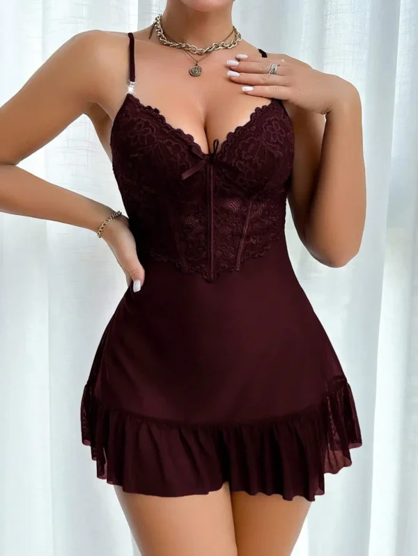 Ensemble Nuisette en Dentelle et Peignoir en Maille Bordeaux