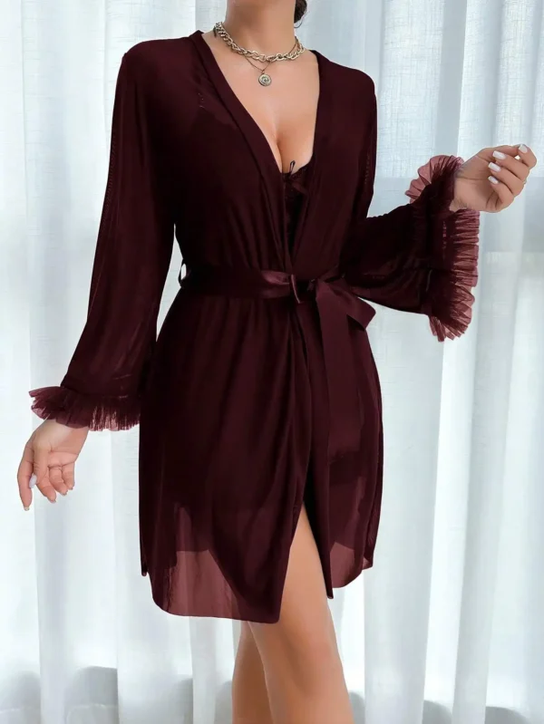 Ensemble Nuisette en Dentelle et Peignoir en Maille Bordeaux