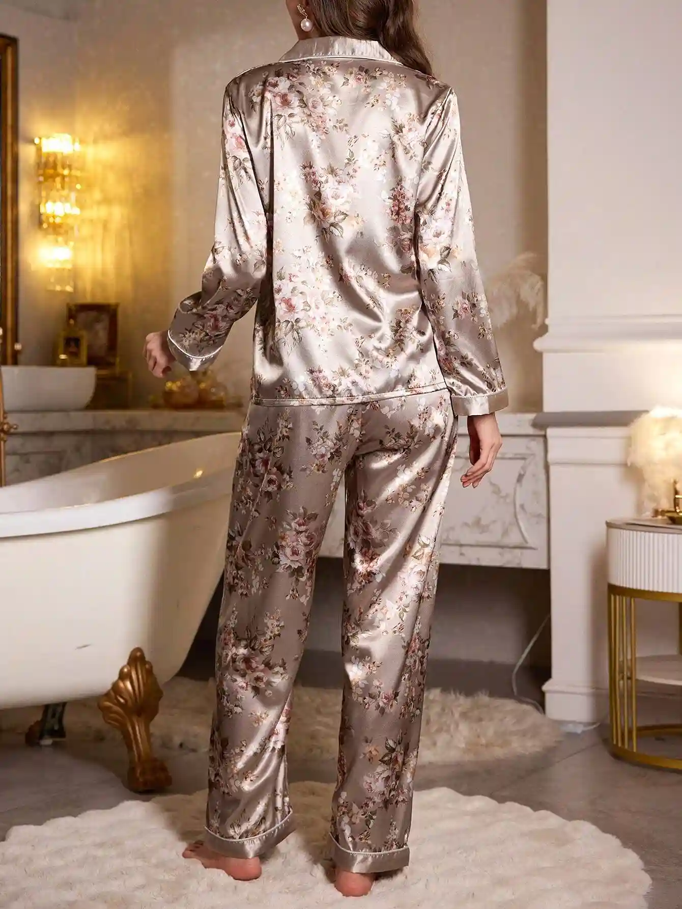 Ensemble de pyjama en satin imprimé floral à manches longues – Jaune citron