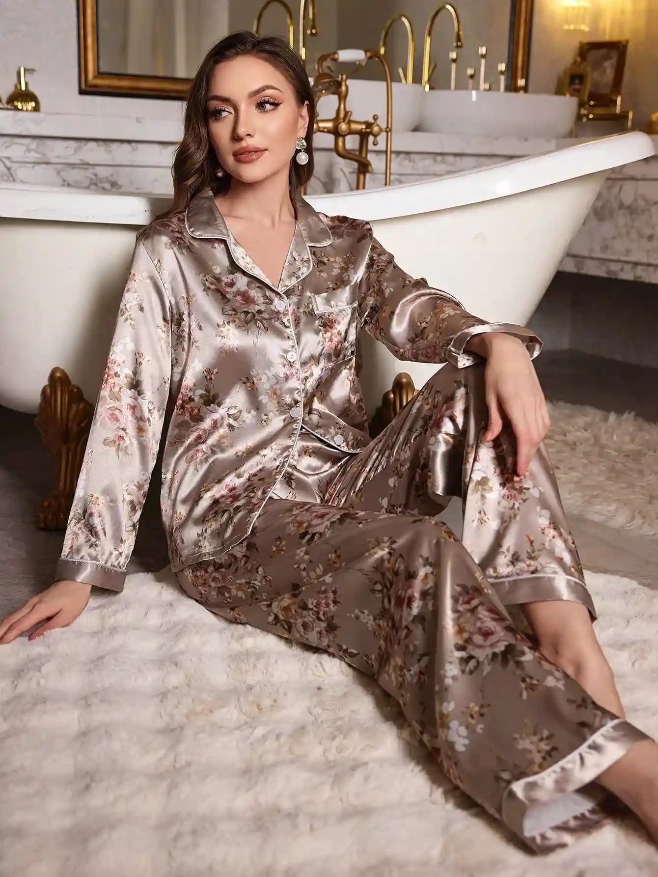 Ensemble de pyjama en satin imprimé floral à manches longues – Jaune citron