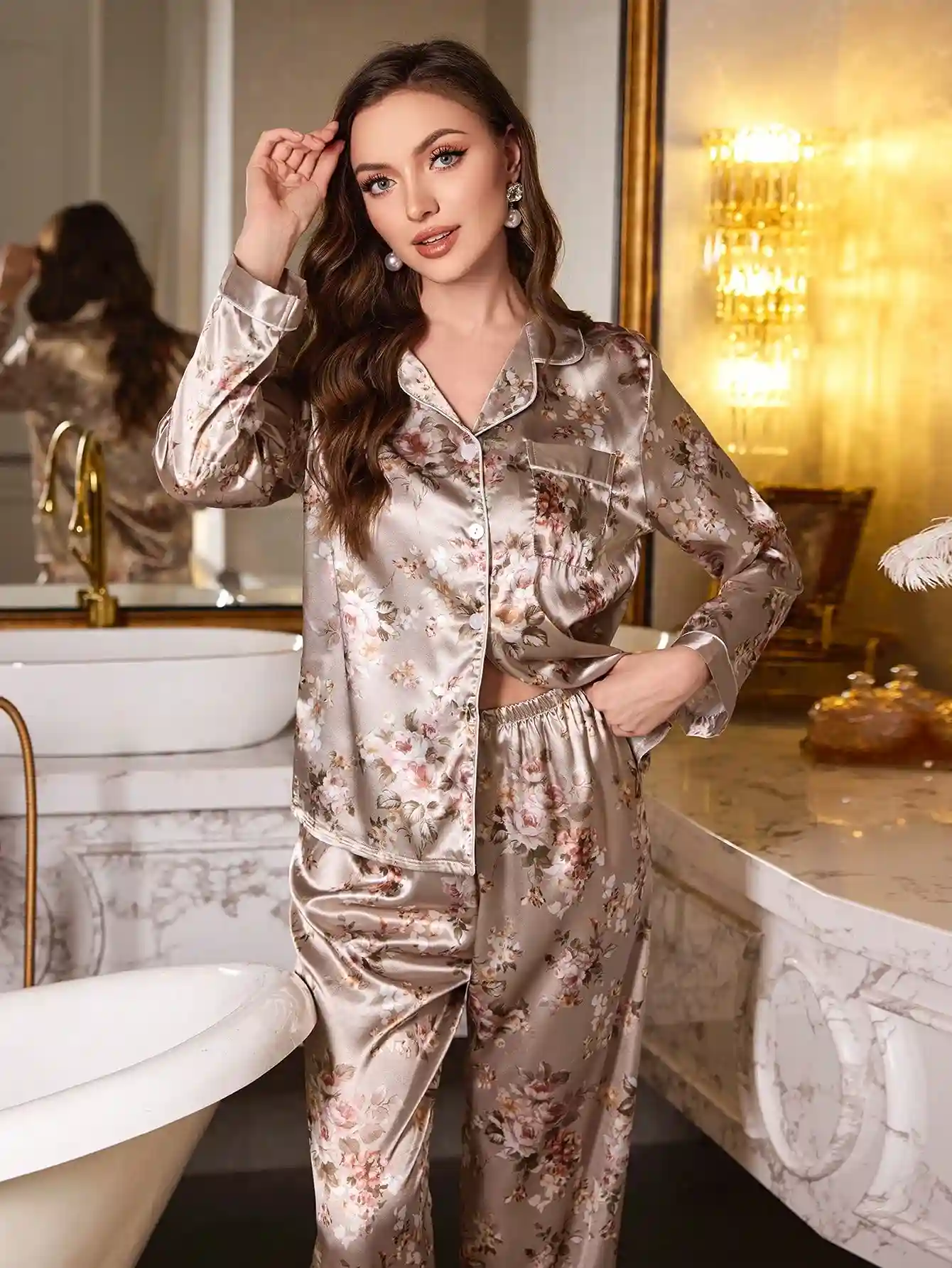 Ensemble de pyjama en satin imprimé floral à manches longues – Jaune citron