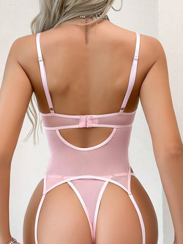 Ensemble Lingerie Sexy 2 Pièces Rose Brodé en Tulle
