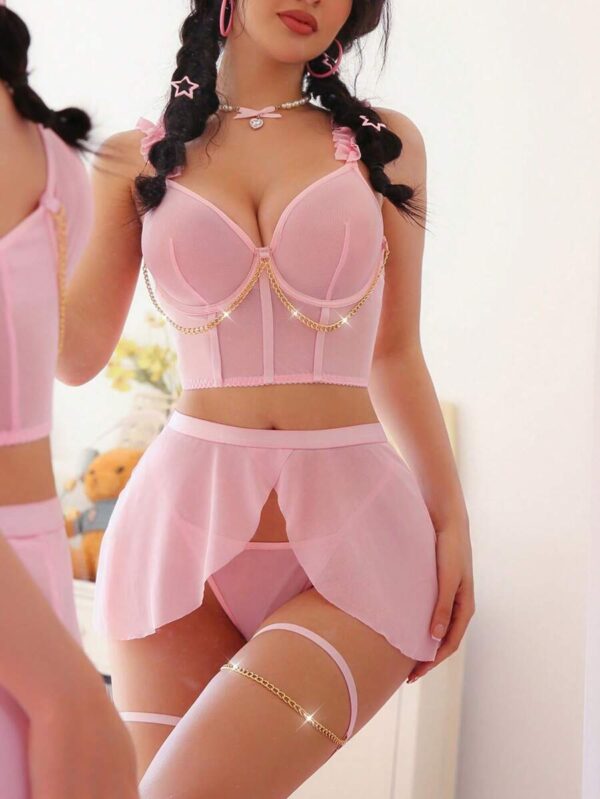 Ensemble Lingerie 5 Pièces en Tulle Rose – PetitDoll