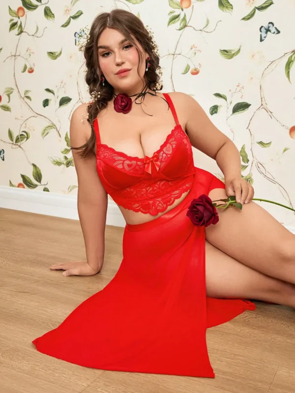 Ensemble 3 pièces robe sexy grande taille en tulle et dentelle