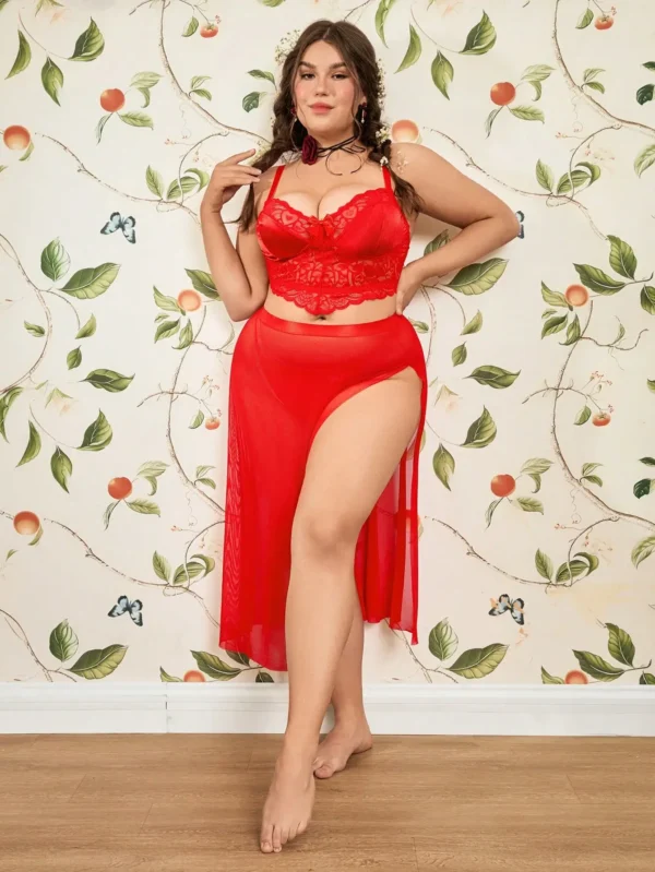 Ensemble 3 pièces robe sexy grande taille en tulle et dentelle