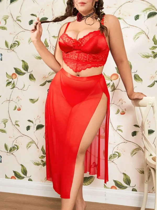 Ensemble 3 pièces robe sexy grande taille en tulle et dentelle